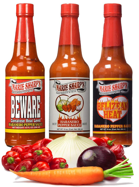 Marie Sharp's HOT HABANERO BEWARE COMATOSE and BELIZEAN HEAT Pepper Sauce 10oz...
