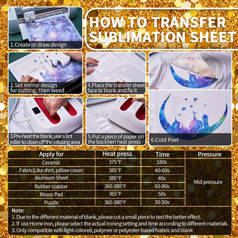 Yellow Glitter Sublimation Transfer Sheets for Heat Press Machine,Gold Sublimation Paper for Tumblers Blanks Tshirts,8 Sheets 12x12inch...