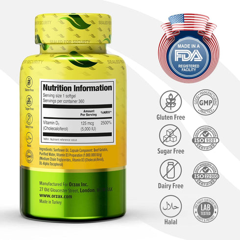ORZAX Vitamin D3 5000 iu (125 mcg) - 1 Year Supply for Strong Muscle Function & Immune Support - Mood Supplement for Wellness (360 Softgel)...