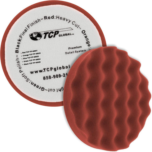 TCP Global 6.5" Red Waffle Foam Buffing Pad Hook and Loop Backing - Heavy Cut Pad for Polishing, Automotive, Marine, Truck, RV & Compound Cutting,...