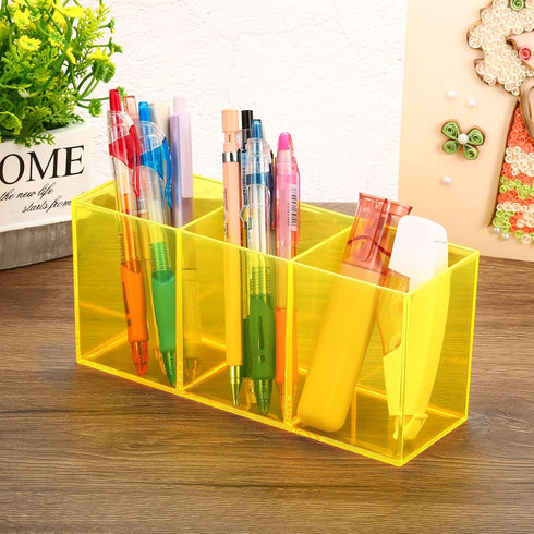 PATIKIL 3 Compartments Clear Acrylic Pen Holder, 2 Pack Pencil Holder Pen Organizer Pencil Cup Makeup Brush Holder Square for Countertop Desk, Yel...
