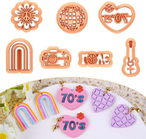 Puocaon 70s Heart Clay Cutters - 7 Pcs 3D Print Clay Cutters for Earrings, Arch Frame Sunflower Polymer Clay Cutters for Jewelry Making, Guitar Di...