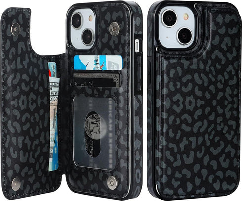 HAOPINSH for iPhone 13/14 Wallet Case with Card Holder, Black Leopard Cheetah Pattern Back Flip Case PU Leather Kickstand Card Slots Case for Wome...