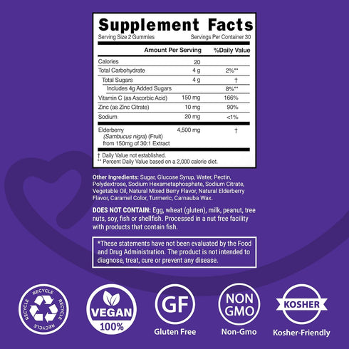Elderberry Gummies with Vitamin C and Zinc - Immune Booster Elderberry Gummies For Adults and Kids - Vegan Natural Ingredients Defense Multivitami...