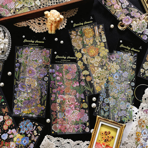 Vintage Flowers Stickers Set for Journaling - Maxleaf 12Sheets Clear Waterproof 3D Flowers Scrapbook Supplies Gold Foil Stickers Pack for Art Bull...