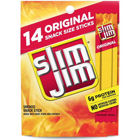 Slim Jim Smoked Meat Sticks, Original Flavor, 6g Protein Per Serving, Snack Size, Lunchbox Snack, 0.28 oz. (14 Count)...