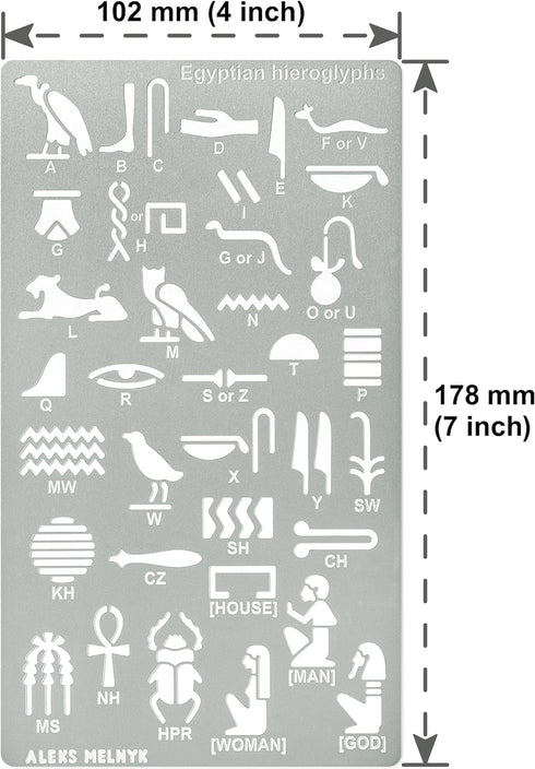 Aleks Melnyk No.456 Metal Stencil, Egyptian Hieroglyphs, Ancient Egyptian Glyphs Alphabet, Letter Tracers, Template for Wood Burning, Magic Runes,...