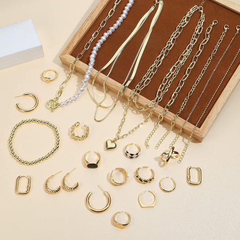 Sanfenly Jewelry Set with 3 PCS Necklaces, 5 PCS Bracelets, 3 Pairs Hoop Earrings, 10 Pcs Chunky Rings Jewelry Pack for Women Valentine Anniversar...