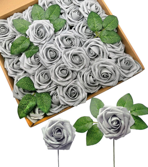 D-Seven Artificial Flowers 30PCS Real Looking Fake Roses with Stem for DIY Wedding Bouquets Centerpieces Party Baby Shower Home Decorations (Silve...