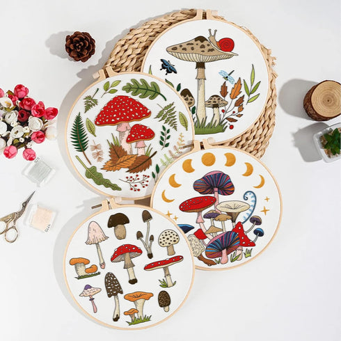 ORIGACH 4 Pcs Mushroom Embroidery Starters Kit for Beginners with Pattern and Instructions, Beginners Embroidery Stitch Practice kit Include Embro...