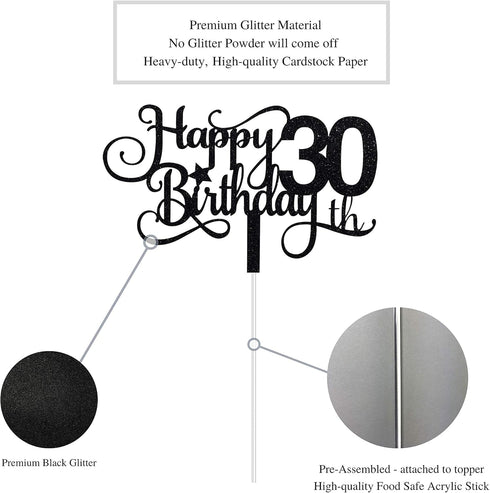 Black Glitter 30th Birthday Cake Topper, Happy 30th Birthday Cake Topper, 30th Birthday Party Decorations...