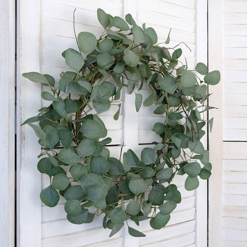 idyllic Eucalyptus Leaves Wreath Metal Polyester Fabric Paper Round Green Wreath 22 Inches for The Front Door Decor...