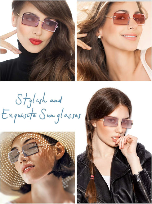 Weewooday 6 Pairs Rimless Rectangle Sunglasses Small Vintage Sunglasses Retro Frameless Eyewear for Women Men Travel Outdoor...