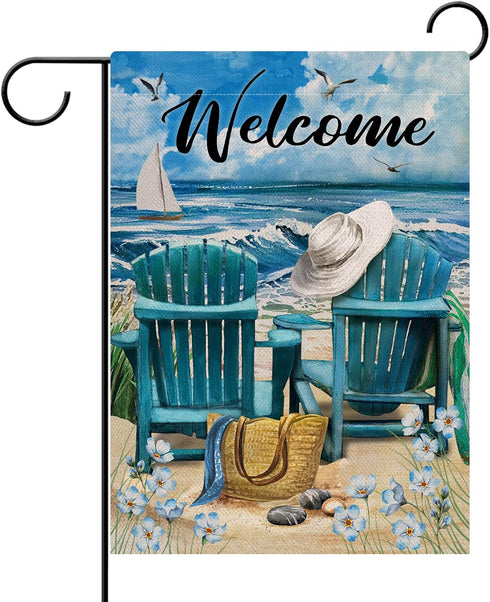 Welcome Summer Blue Sea Ocean Chairs Myosotis Sylvatica Flower Beach Garden Flag, Coastal Nautical Seagull Sailboat Bag Hat Decorative House Yard ...