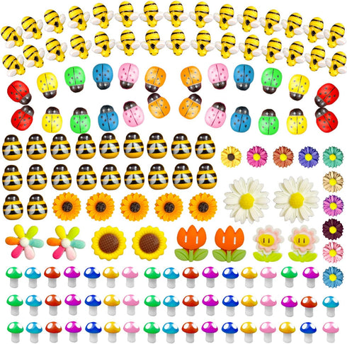 225 pcs Tiny Resin Bee Wooden Ladybug Daisy Flower Mushroom Decor, Bumble Bee Embellishment Epoxy Slime Charm Miniature Fairy Garden Accessories F...