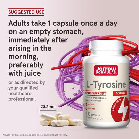 Jarrow Formulas L-Tyrosine 500 mg, Dietary Supplement, Amino Acid Supplement for Brain Health Support, 100 Capsules, 100 Day Supply...