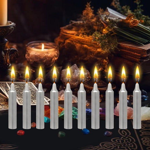 Mega Candles 10 pcs Unscented Silver Exquisite Mini Taper Spell Candles, 4 Inch Tall x 3/4 Inch Diameter, Supreme Chimes, Enchantment, Casting Rit...