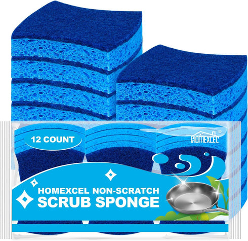 HOMEXCEL Scrub Kitchen Sponges 12 Pack, Non-Scratch Dish Sponges for Cleaning, Dual Sided Dish Sponge for Washing Dishes, Cellulose Sponges Safe o...
