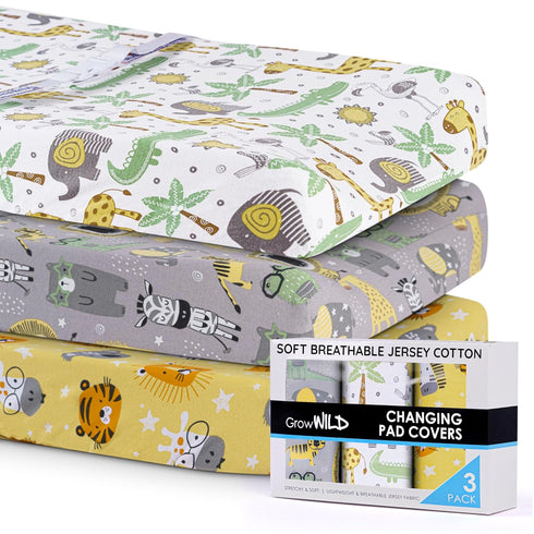 GROW WILD Changing Pad Cover 3 Pack | Soft & Stretchy Jersey Cotton | Baby Changing Table Pad Cover | Diaper Changing Pad Covers for Girls and Boy...