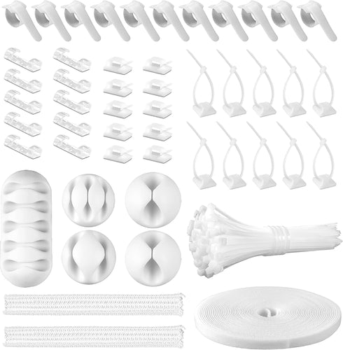 Cord Management Organizer Kit 2 Cable Sleeve Split with 41Self Adhesive Cable Clips Holder, 10pcs and 2 Roll Self Adhesive tie and 100 Fastening C...