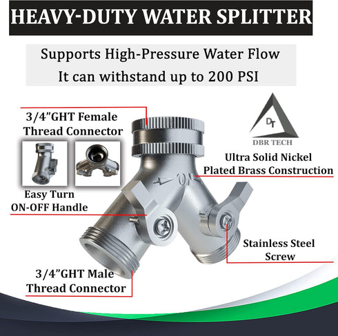Heavy Duty 2 Way Hose Splitter (Nickel Plated Brass for Superior Durability), Wye Garden Hoses Connector for Water Spigot Faucet Bib Tap, Double S...