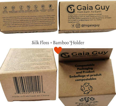 Gaia Guy Natural Unflavored Silk Dental Floss with Floss Refill & Reusable Bamboo Holder | 2 x 33yds Compostable Pure Silk Waxed with Candelilla W...