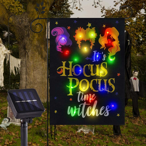 Solar Lighted Halloween Garden Flag It's Hocus Pocus Time Witches Flags for Garden Patio Lawn Outside Halloween Decorations Garden Decor (Hocus Po...