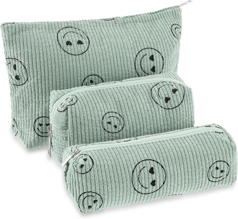 3 Pcs Makeup Bag Corduroy Cosmetic Bag Aesthetic Cute Preppy Makeup Bags for Women Smile Small Makeup Purse Pouch Travel Toiletry Bag Set Makeup O...