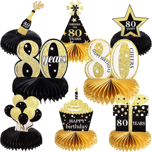 Outus 8 Pcs 80th Birthday Table Decorations for Men and Women Happy 80th Honeycomb Centerpieces Black Gold Cheers to 80 Years Decor 1945 Tables To...