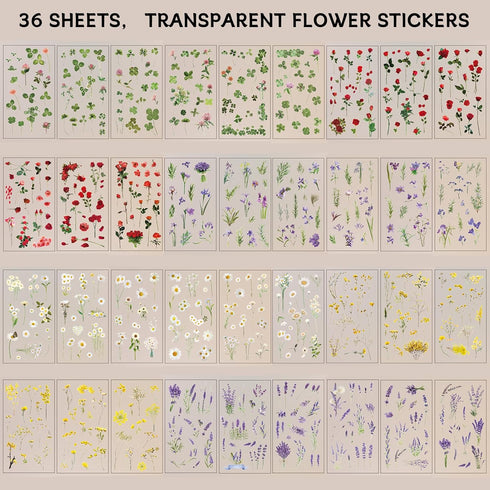 Assorted Flower Stickers - 36 Sheets Scrapbook Stickers nature stickers, Transparent Floral Resin Decals Aesthetic Decoration Stickers for Scrapbo...