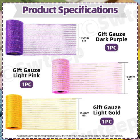 Swpeet 3 Rolls 6 Inches Mesh Ribbon Glitter Metallic Wrapping Ribbon Kit, Glitter Tulle Fabric Spool Ribbon Metallic Foil Mesh Ribbon for DIY Proj...