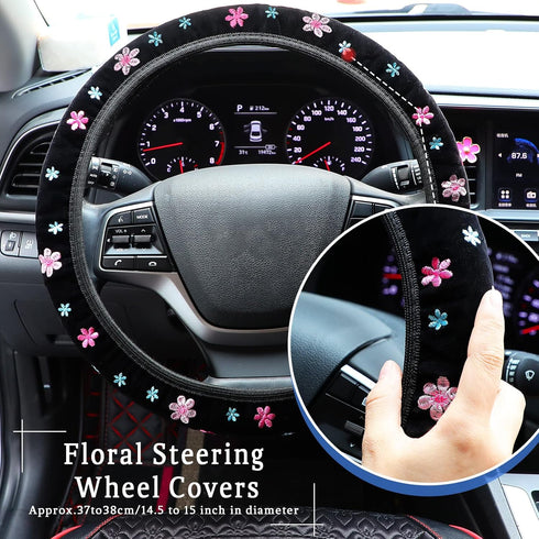 10 Pcs Embroidery Cute Flower Car Accessories Set Floral Steering Wheel Cover Car Air Vent Clips Center Console Armrest Cushion Car Cup Mats Seat ...