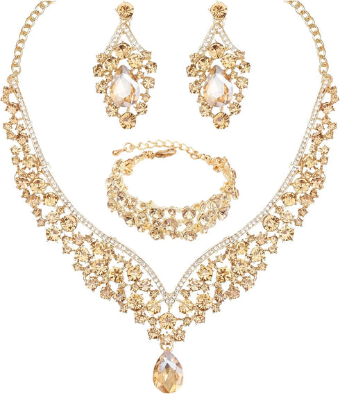 Women's Statement Necklace Earrings Link Bracelet Set for Bride Austrian Crystal Wedding Bridal Costume Jewelry Sets...