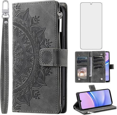 Asuwish Phone Case for Samsung Galaxy A15 5G Wallet Cover with Tempered Glass Screen Protector and Wrist Strap Mandala Flower Flip Zipper Credit C...