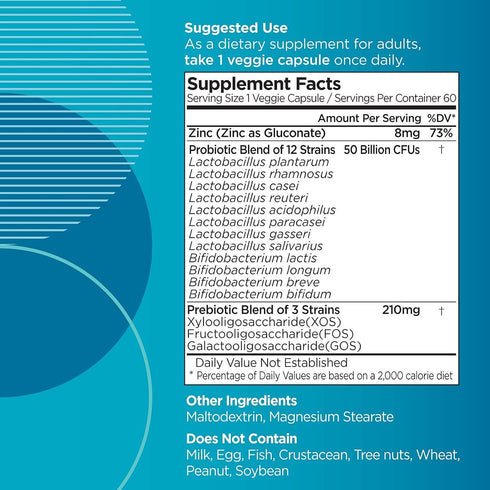 60 Servings Adult 50 Billion CFU 12 Probiotic with 3 Prebiotics Plus Zinc, Acidophilus Probiotic, Natural, Digestive Health, Immune Support, 60 En...