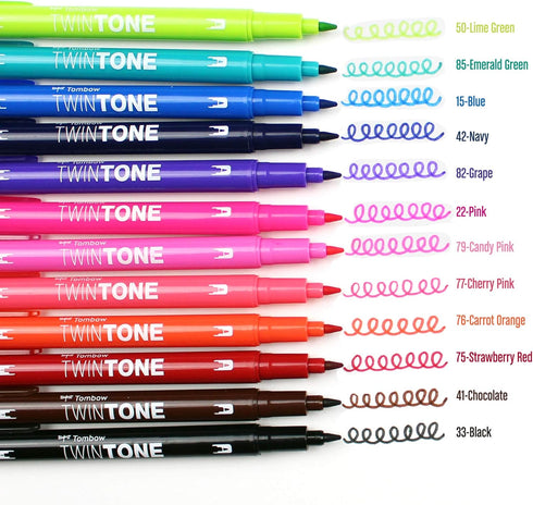 Tombow 61500 Twintone Marker Set, Bright, 12-Pack. Double-Sided Markers for Bold and Precise Writing...