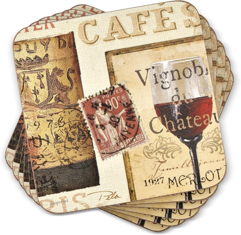 Pimpernel French Cellar Coasters - Set of 6 Cork-Backed Drink Coasters Featuring Rustic Wine Labels for Dining Tables, Bar Tops, & Home Decor with...