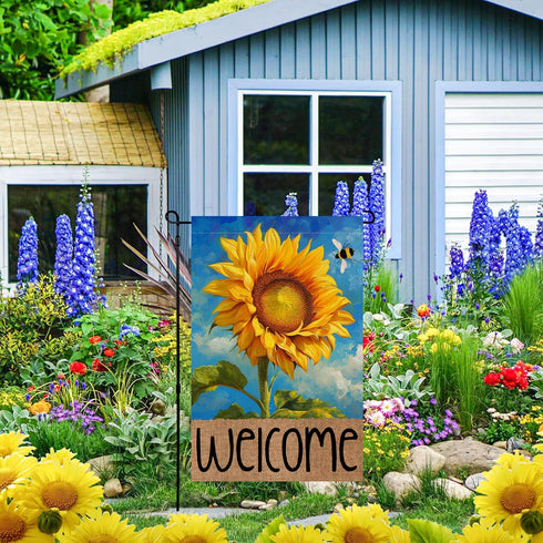 4TH Emotion Summer Sunflower Garden Flag 12x18 Double Sided for Outside, Spring Welcome Bumble Bee Small Burlap Yard Flag for Outdoor Holiday Deco...
