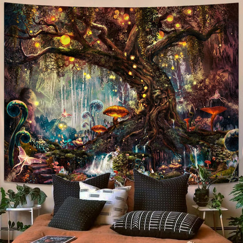 YEXIT Fairy Tales Magical Forest Tapestry, Nature Tree of Life with Elves Landscape Tapestry Wall Hanging for Living Room BedRoom Decoration Red 6...
