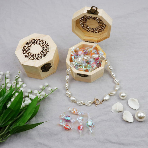 MY MIRONEY 3.7" x 2.4" Unfinished Wooden Box with Hollow Carved Pattern Lid Octagon Unpainted Wood Box Jewelry Box DIY Storage Case with Hinged Li...