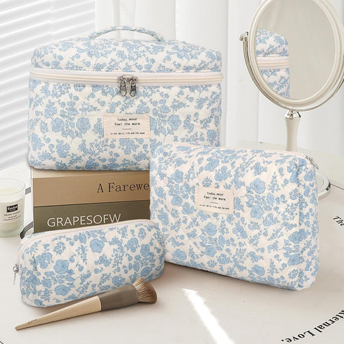 3Pcs Cotton Quilted Makeup Bag Large Travel Cosmetic Bag Coquette Makeup Pouch Cute Aesthetic Floral Toiletry Bag for Women Girls...