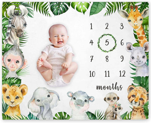 Safari Milestone Blanket, Jungle Animals Baby Growth Chart Monthly Blanket, Watch Me Grow Jungle Wild Baby Nursery for New Moms Baby Shower(50"x40...
