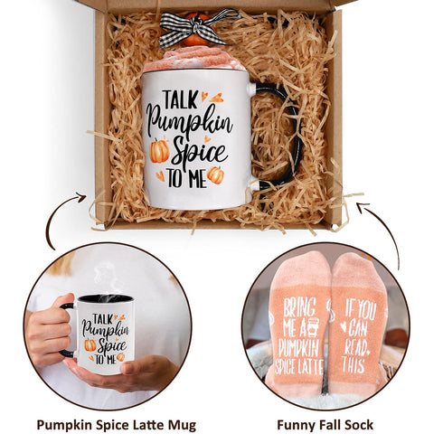 Fall Gift Box Set with Pumpkin Spice Latte Mug And Crew Socks Cake for Her Woman Wife Friends Mother Aunt Funny Present Baskets Autumn Holiday Sou...
