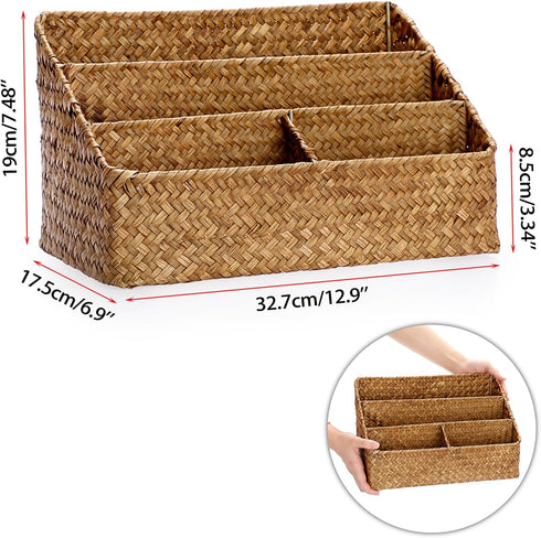 BTSKY Woven Storage Basket Natural Seagrass Vertical Wicker Storage Baskets with 4 Compartments Desk Organizers and Storage Magazine File Holder H...
