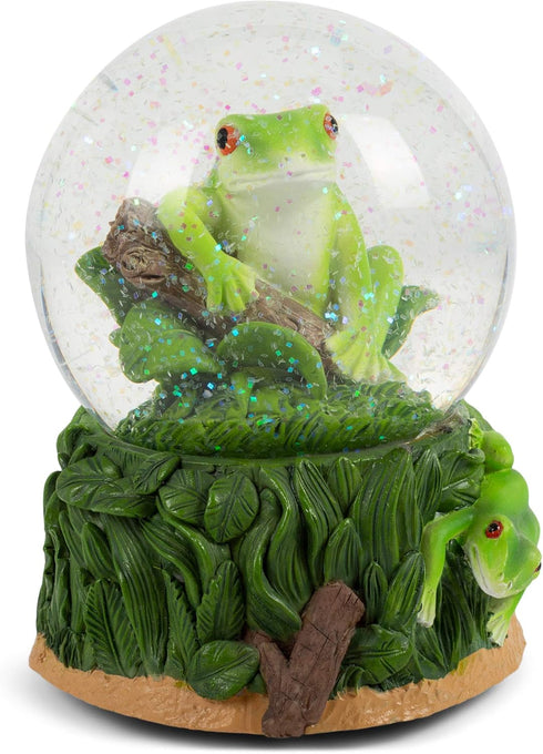 Elanze Designs Playful Green Tree Frog Tabletop Figurine Forest Hopping Log Leaves 100MM Sturdy Glitter Water Wind Up Musical Snow Globe Plays Tun...