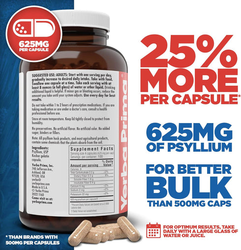 Yerba Prima Psyllium Husks Caps, 625 mg, 400 Capsules - Natural Fiber for Men and Women - Regularity Support Supplement...