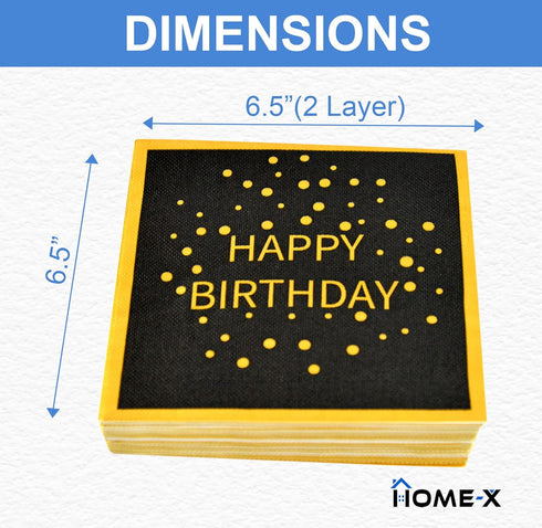 HOME-X Happy Birthday Black and Gold Paper Napkins, Square Party Napkins, 48 Count - 6.5" x 6.5"...