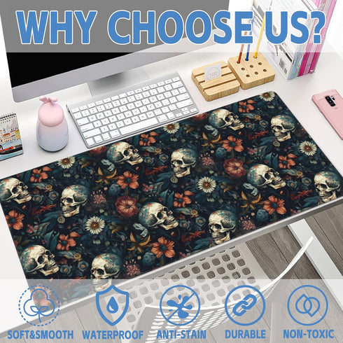 Desk Mat,Skulls with Flowers Large Gaming Mouse Pad for Desk XXL,Skull Floral Desk Pad for Desktop,Extended Big Computer Keyboard Mouse Pad with N...