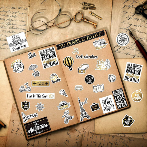 30 Sheets Travel Theme Scrapbook Stickers Gold Foil Vintage Scrapbooking Stickers Adhesive Vinyl Adventure Stickers for DIY Craft Kits Journal Pla...