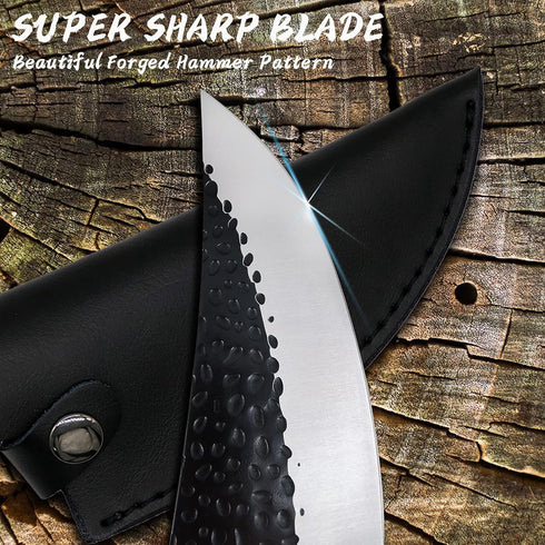 Viking Knife Hand Forged Boning Knife with Sheath & Pocket Knife Sharpener High Carbon Steel Meat Caveman Knife Multipurpose Chef Knives for Campi...